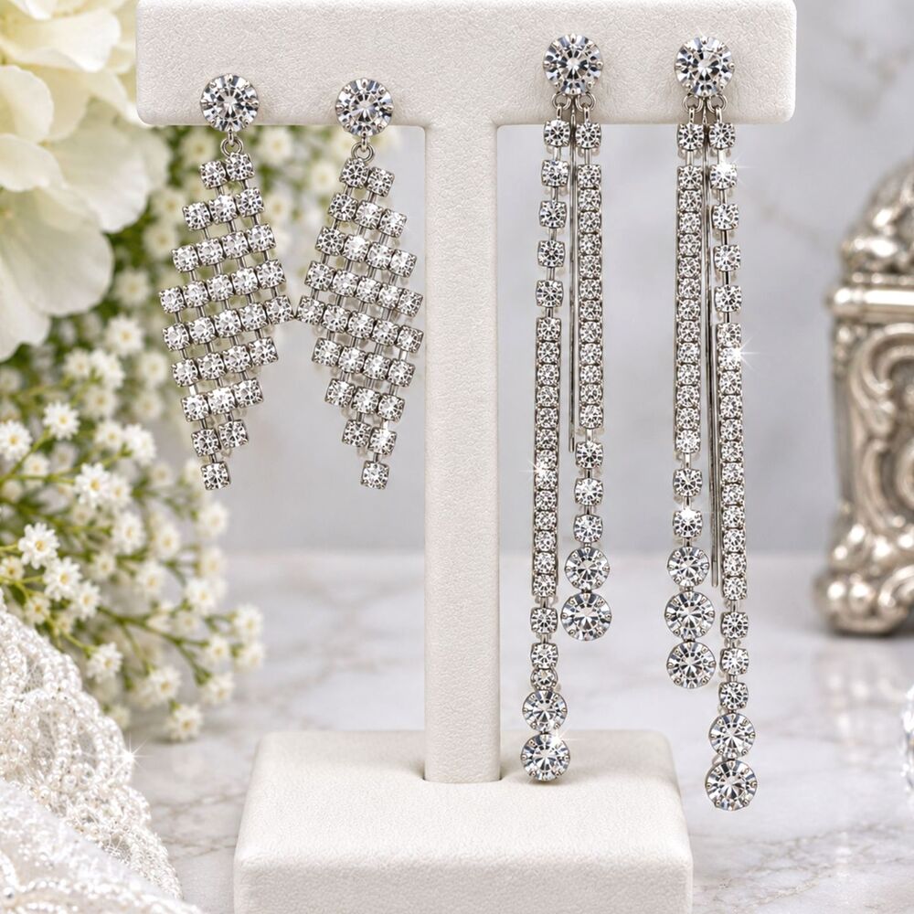 Two Pair of Prong Set Clear Rhinestone Drop Pierced Earrings